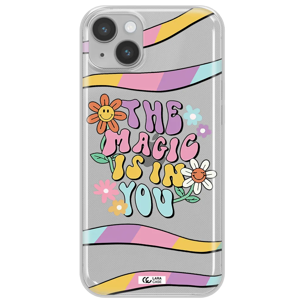 a cartoon text with flowers Apple iPhone 14 plus Clear TPU Case
