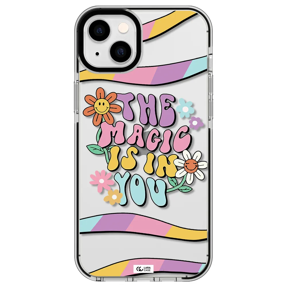 a cartoon text with flowers Apple iPhone 14 plus impact black border Case