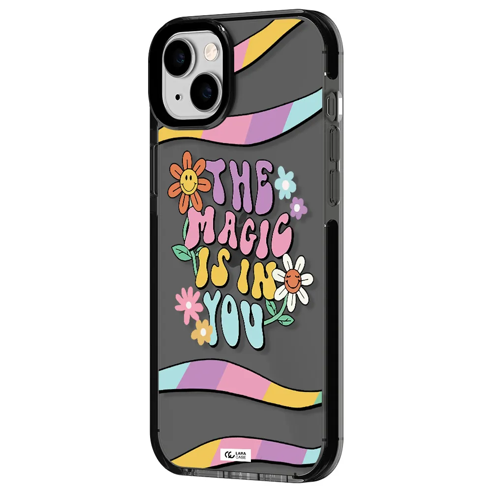 a cartoon text with flowers Apple iPhone 14 plus impact Smoke Black Case