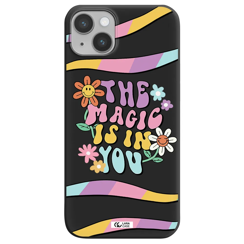 a cartoon text with flowers Apple iPhone 14 plus Silicone black Case