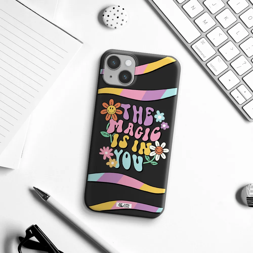 a cartoon text with flowers Apple iPhone 14 plus Silicone black Case