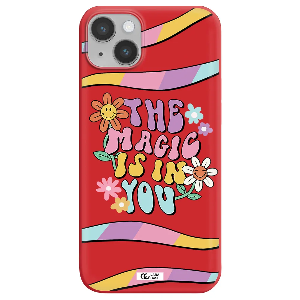 a cartoon text with flowers Apple iPhone 14 plus Silicone Imperial Red Case