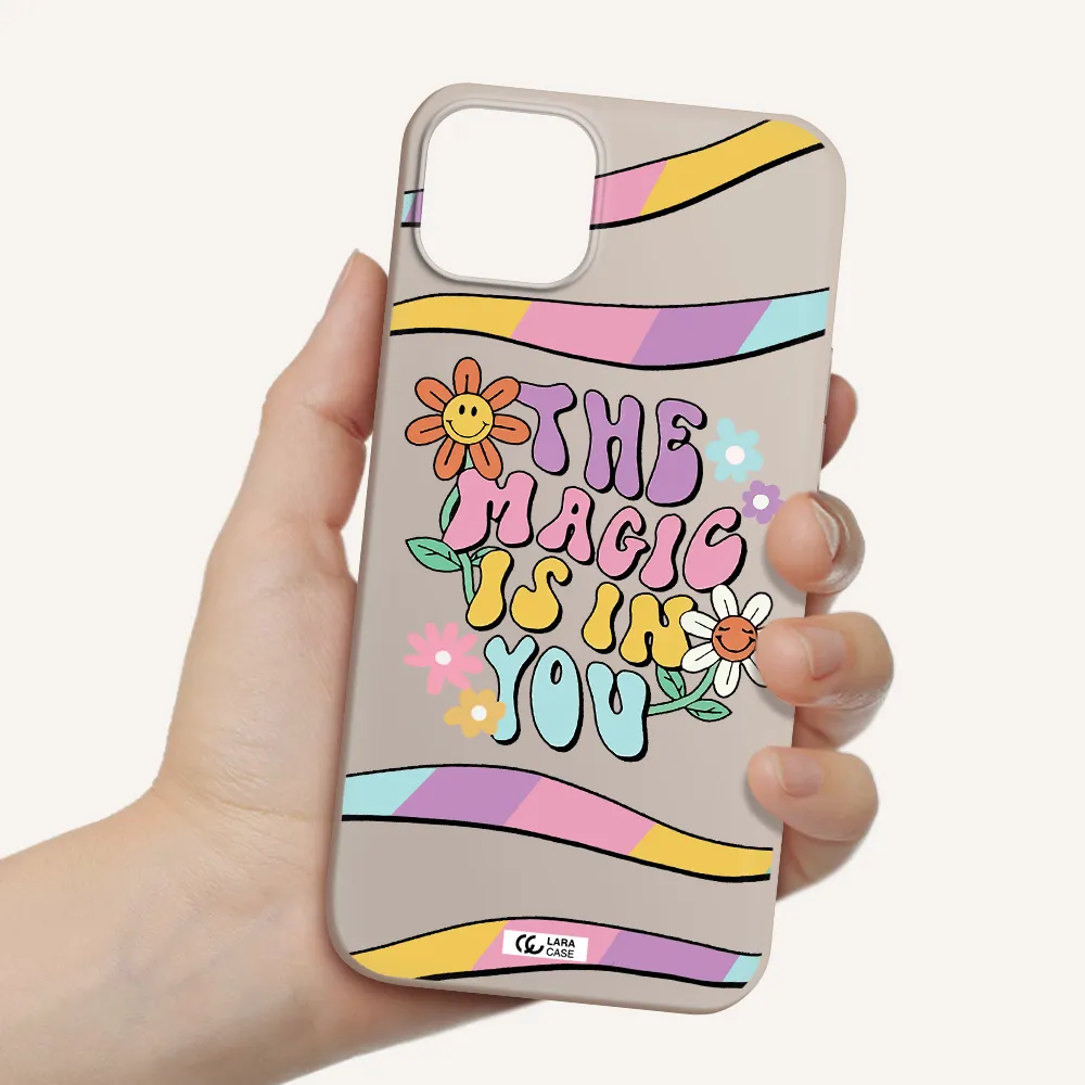 a cartoon text with flowers Apple iPhone 14 plus Silicone Stone Case