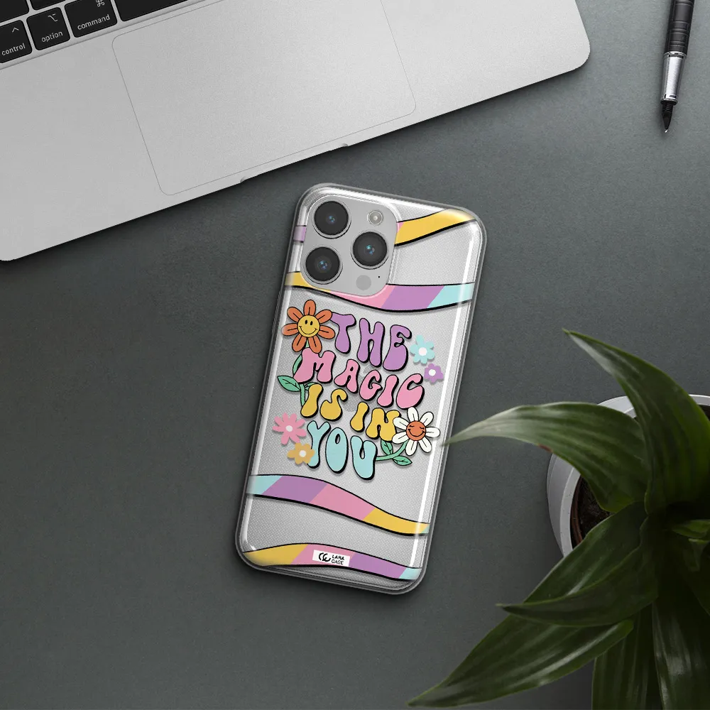 a cartoon text with flowers Apple iPhone 14 pro Clear TPU Case