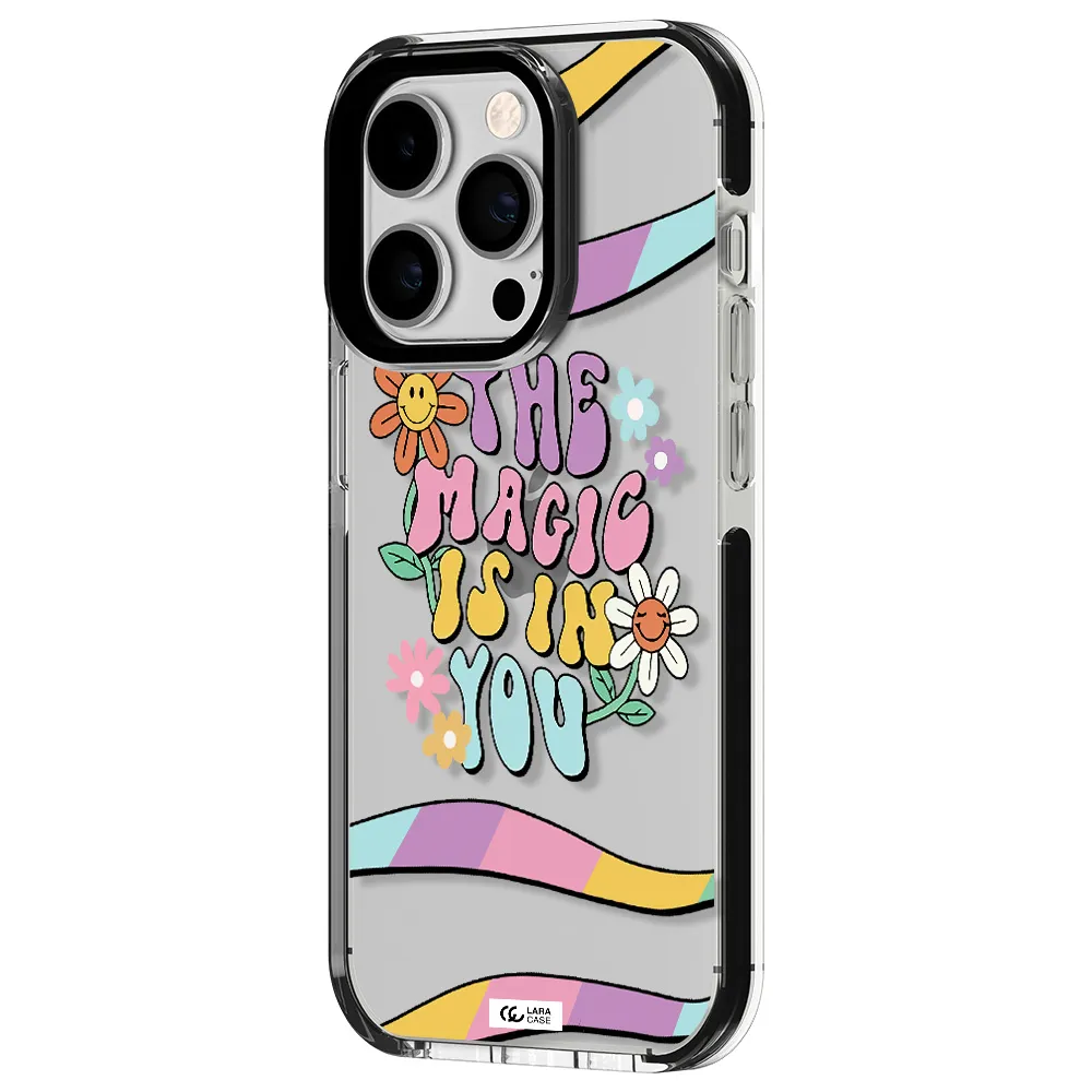 a cartoon text with flowers Apple iPhone 14 pro impact black border Case