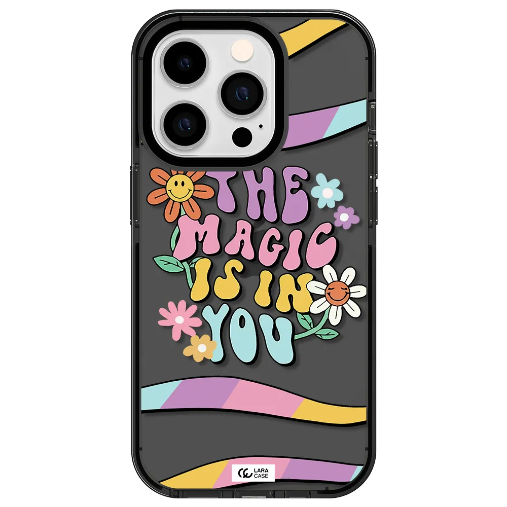 a cartoon text with flowers Apple iPhone 14 pro impact Smoke Black Case