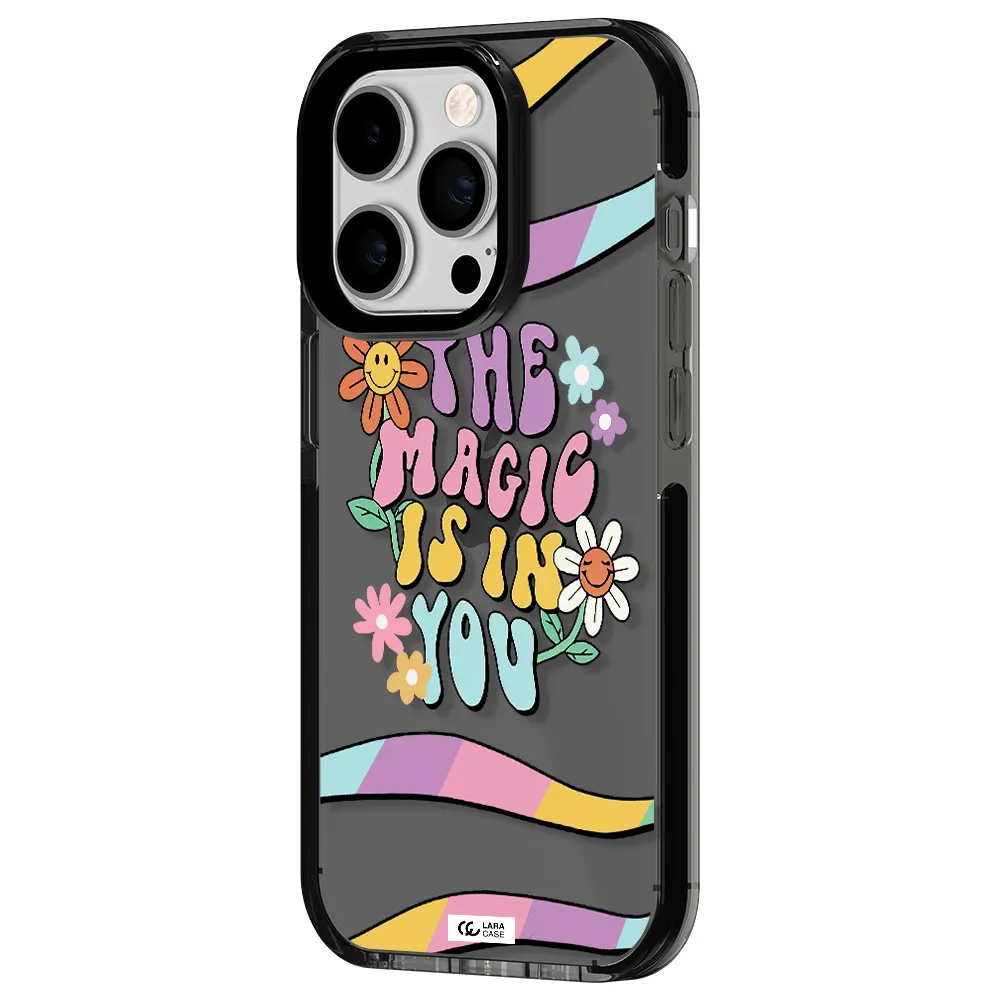 a cartoon text with flowers Apple iPhone 14 pro impact Smoke Black Case