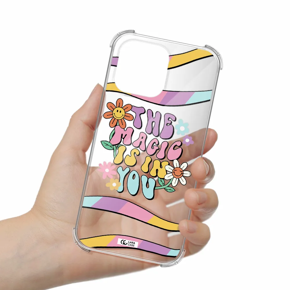 a cartoon text with flowers Apple iPhone 14 pro max Clear PC Case