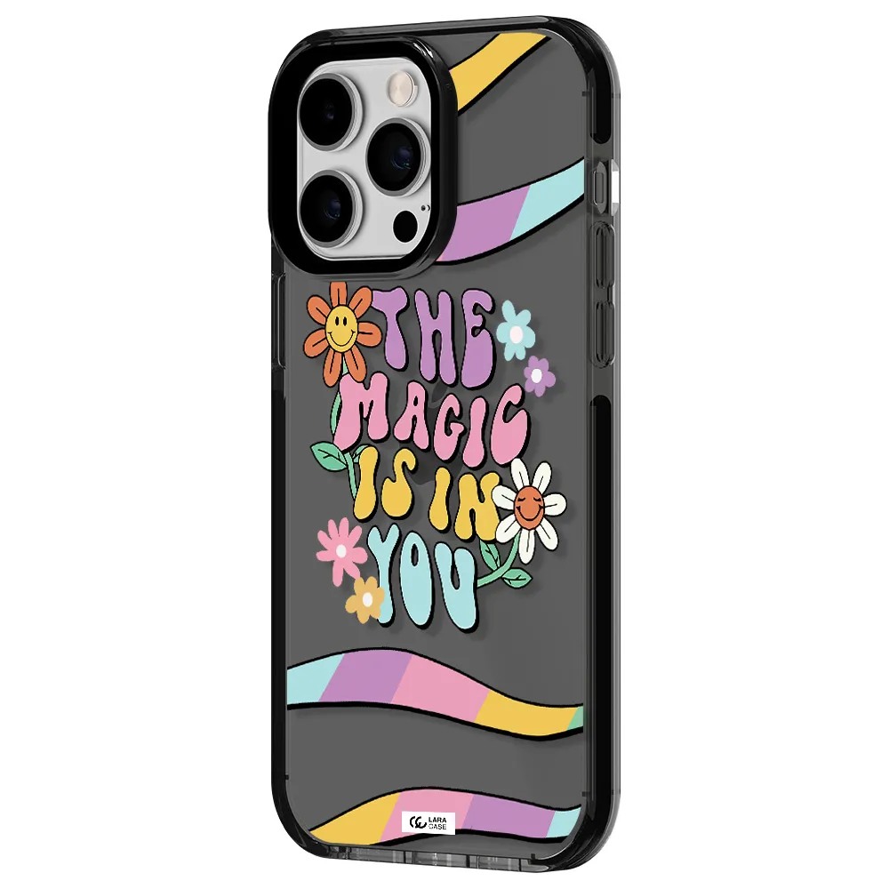 a cartoon text with flowers Apple iPhone 14 pro max impact Smoke Black Case