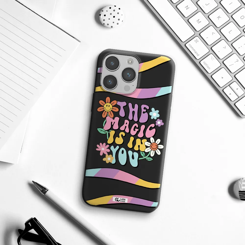 a cartoon text with flowers Apple iPhone 14 pro max Silicone black Case