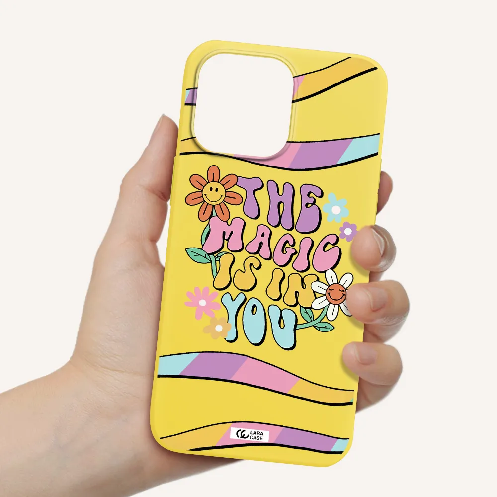 a cartoon text with flowers Apple iPhone 14 pro max Silicone canary yellow Case