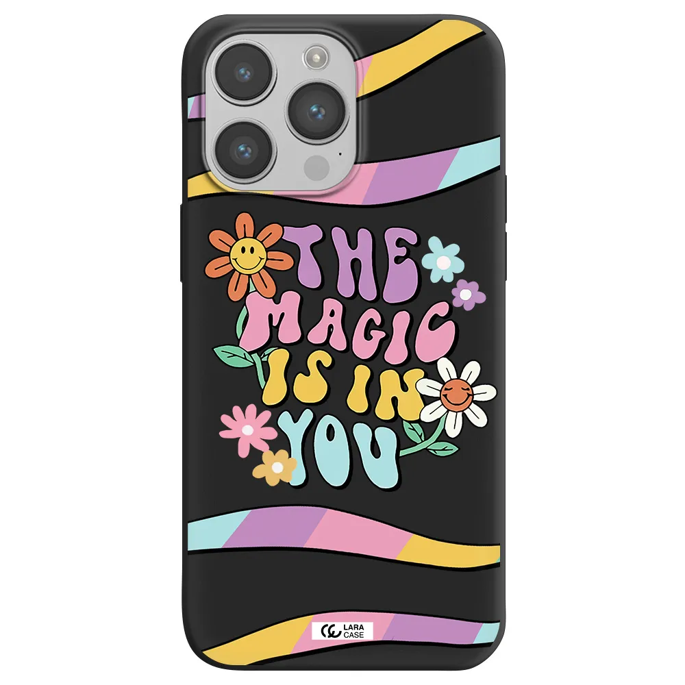 a cartoon text with flowers Apple iPhone 14 pro Silicone black Case