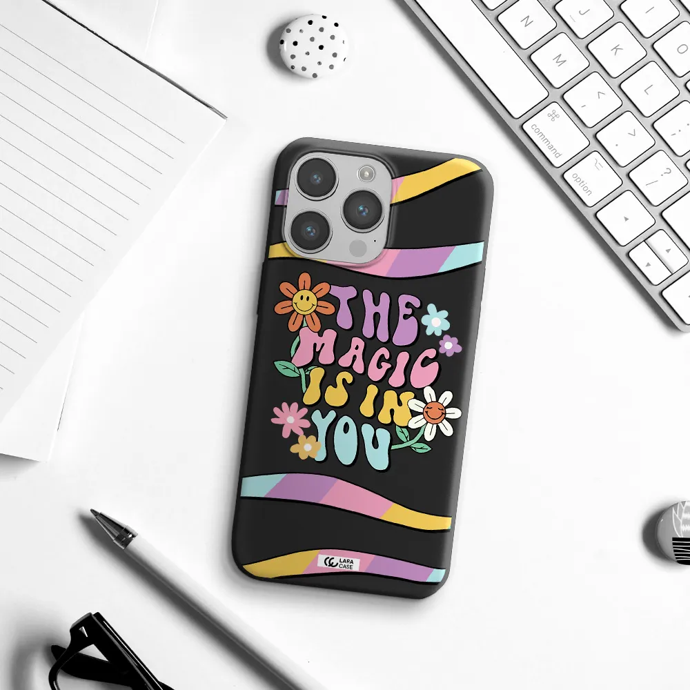 a cartoon text with flowers Apple iPhone 14 pro Silicone black Case