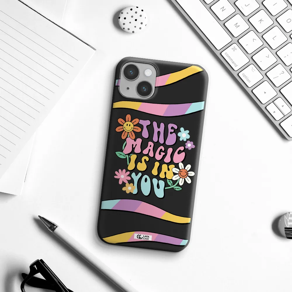 a cartoon text with flowers Apple iPhone 14 Silicone black Case