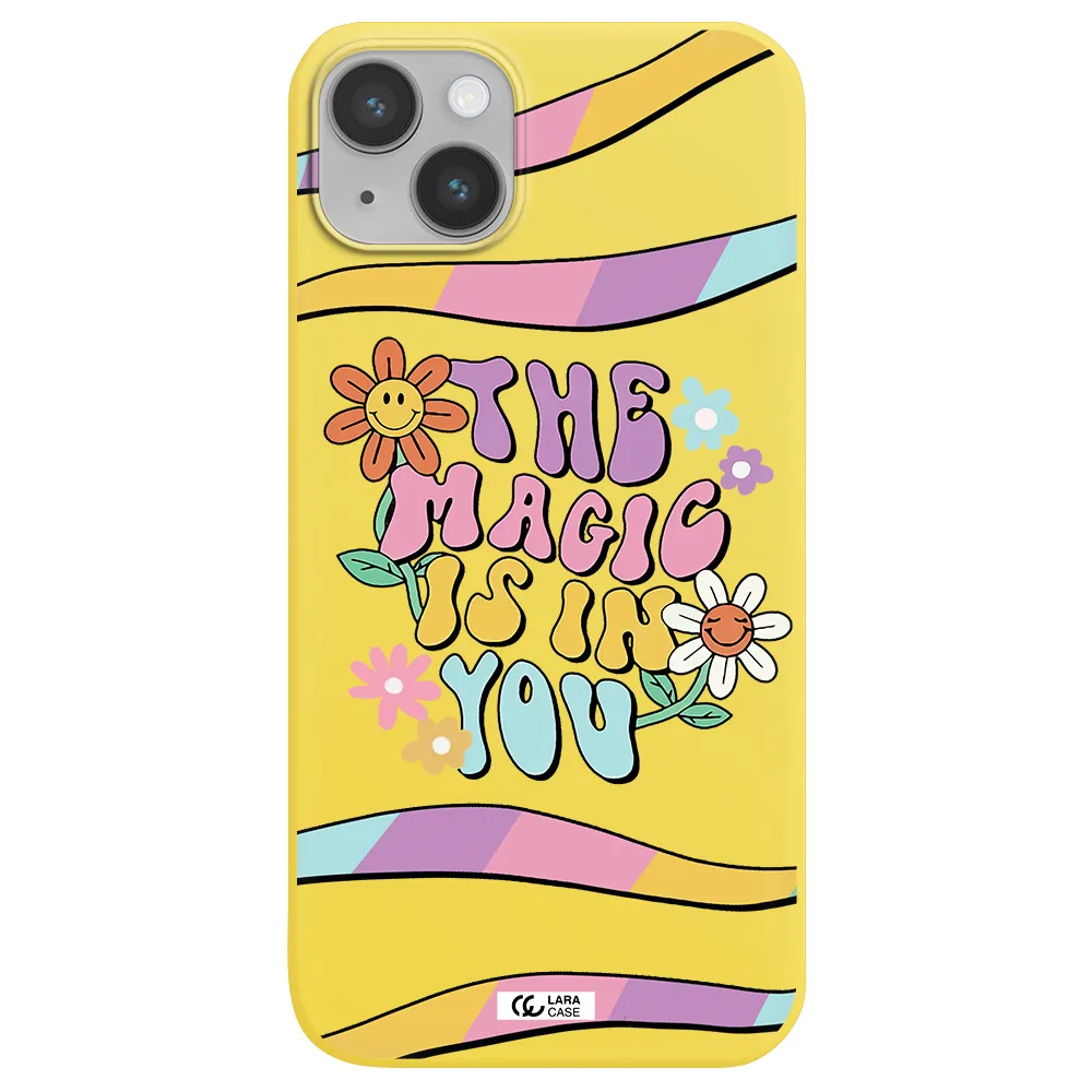 a cartoon text with flowers Apple iPhone 14 Silicone canary yellow Case