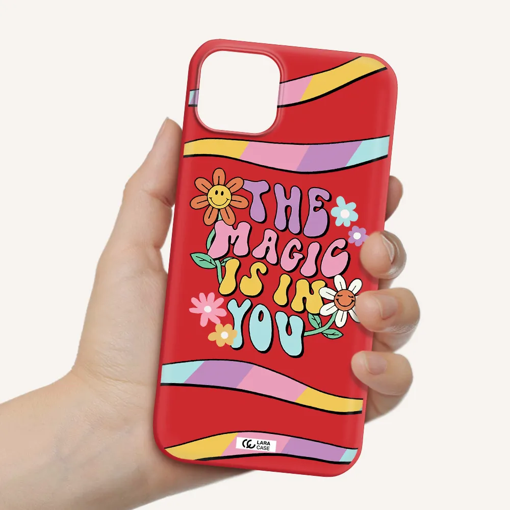 a cartoon text with flowers Apple iPhone 14 Silicone Imperial Red Case