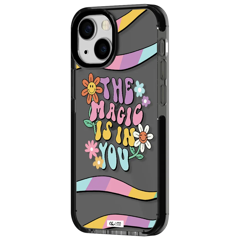 a cartoon text with flowers Apple iPhone 15 impact Smoke Black Case