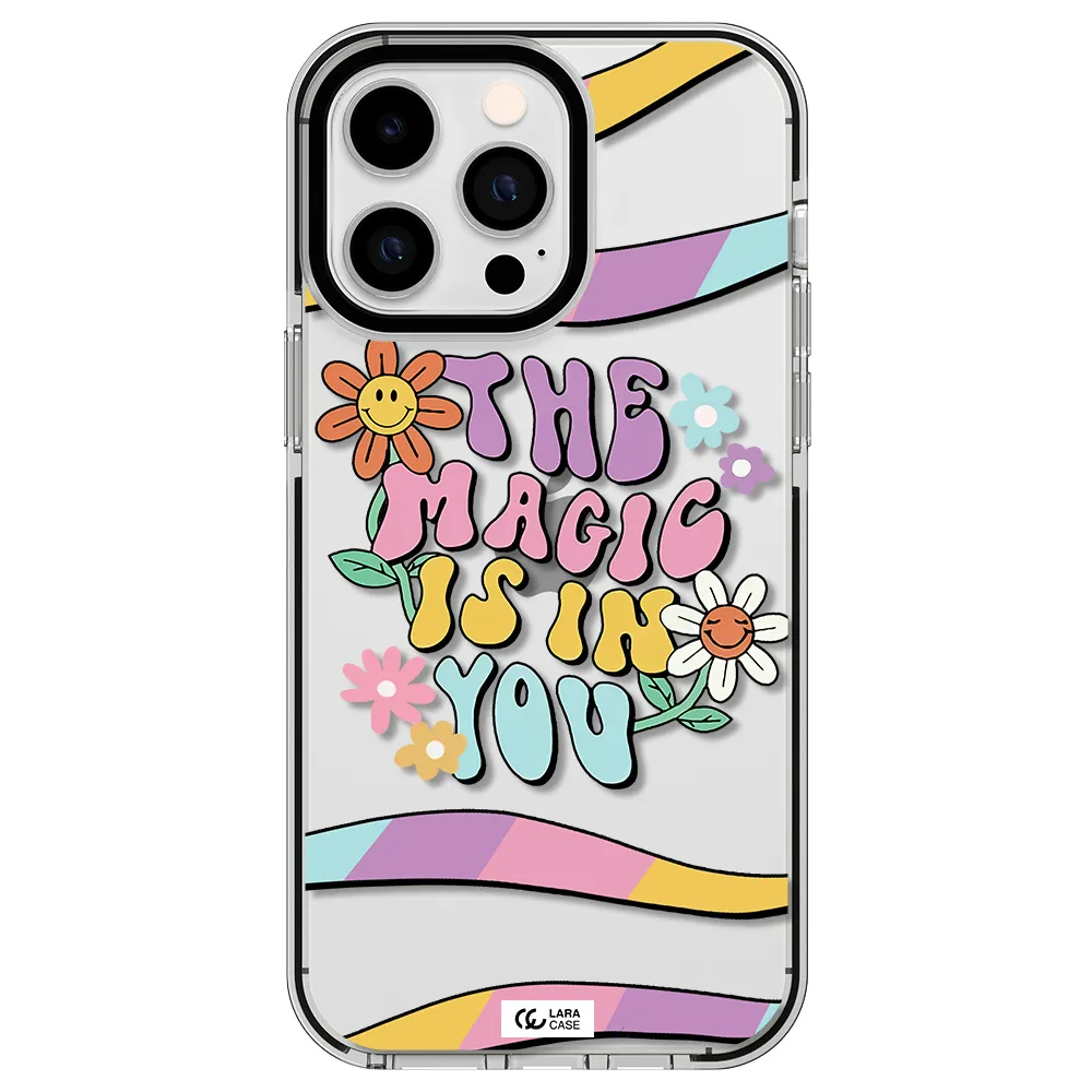 a cartoon text with flowers Apple iPhone 15 Pro impact black border Case