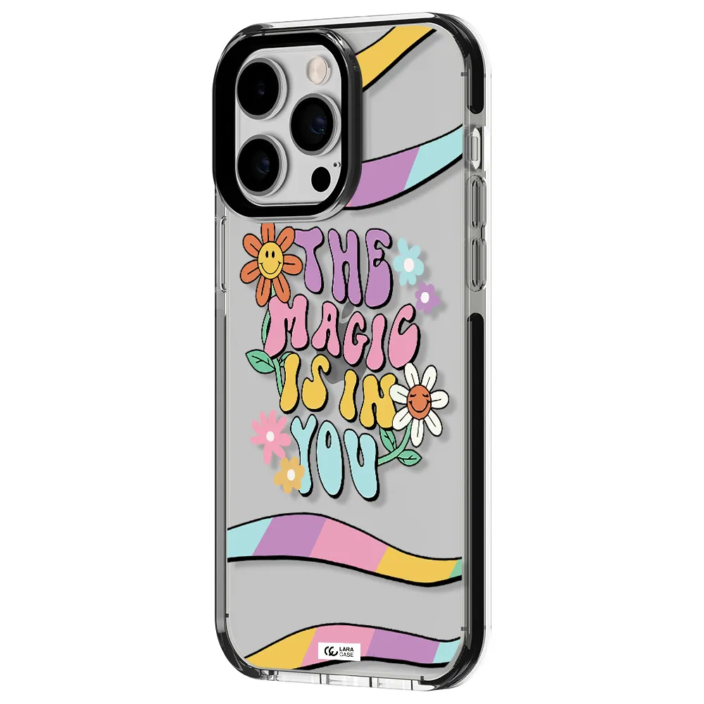 a cartoon text with flowers Apple iPhone 15 Pro impact black border Case