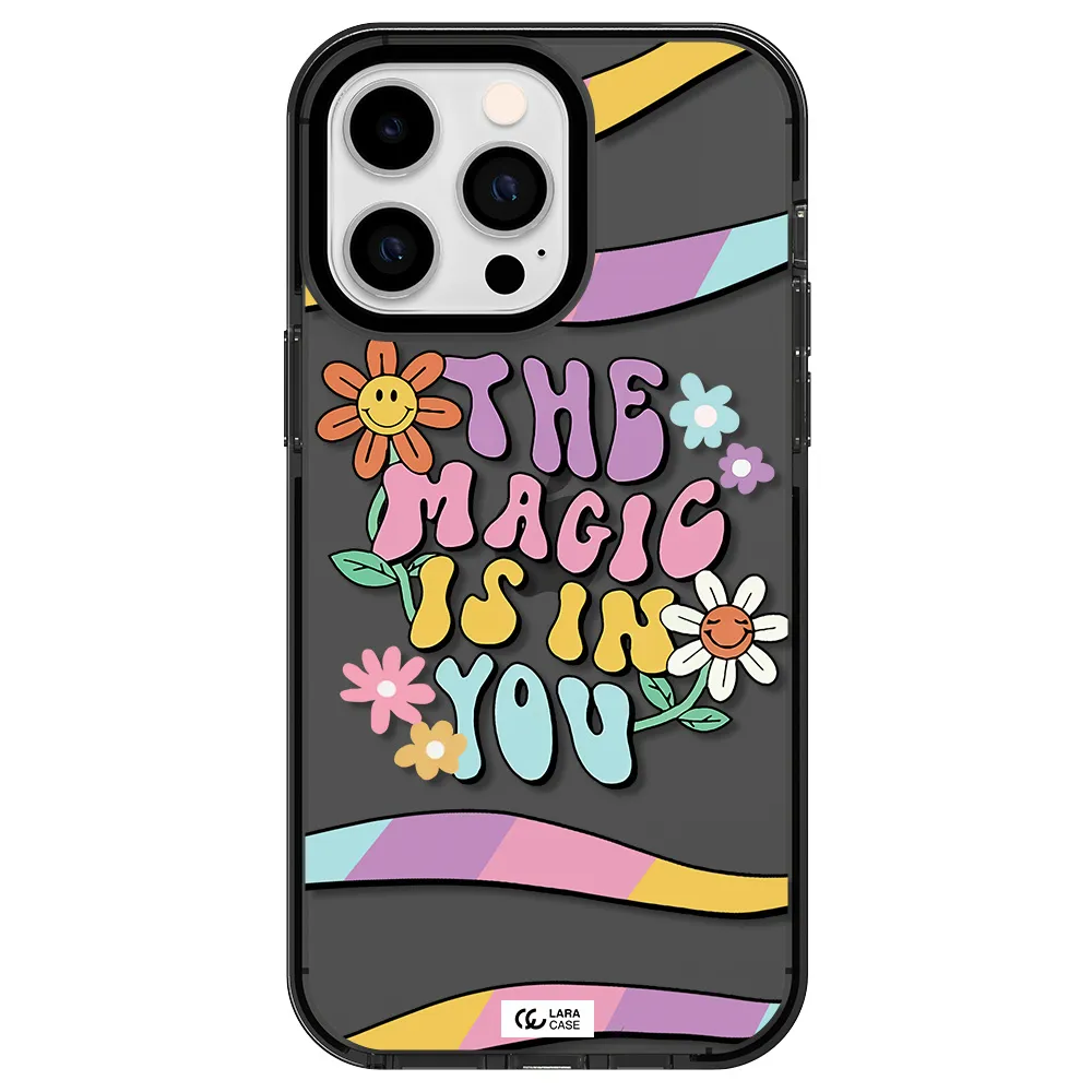 a cartoon text with flowers Apple iPhone 15 Pro Max impact Smoke Black Case