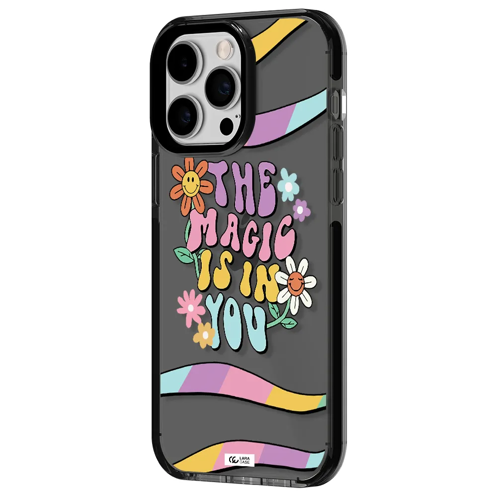 a cartoon text with flowers Apple iPhone 15 Pro Max impact Smoke Black Case