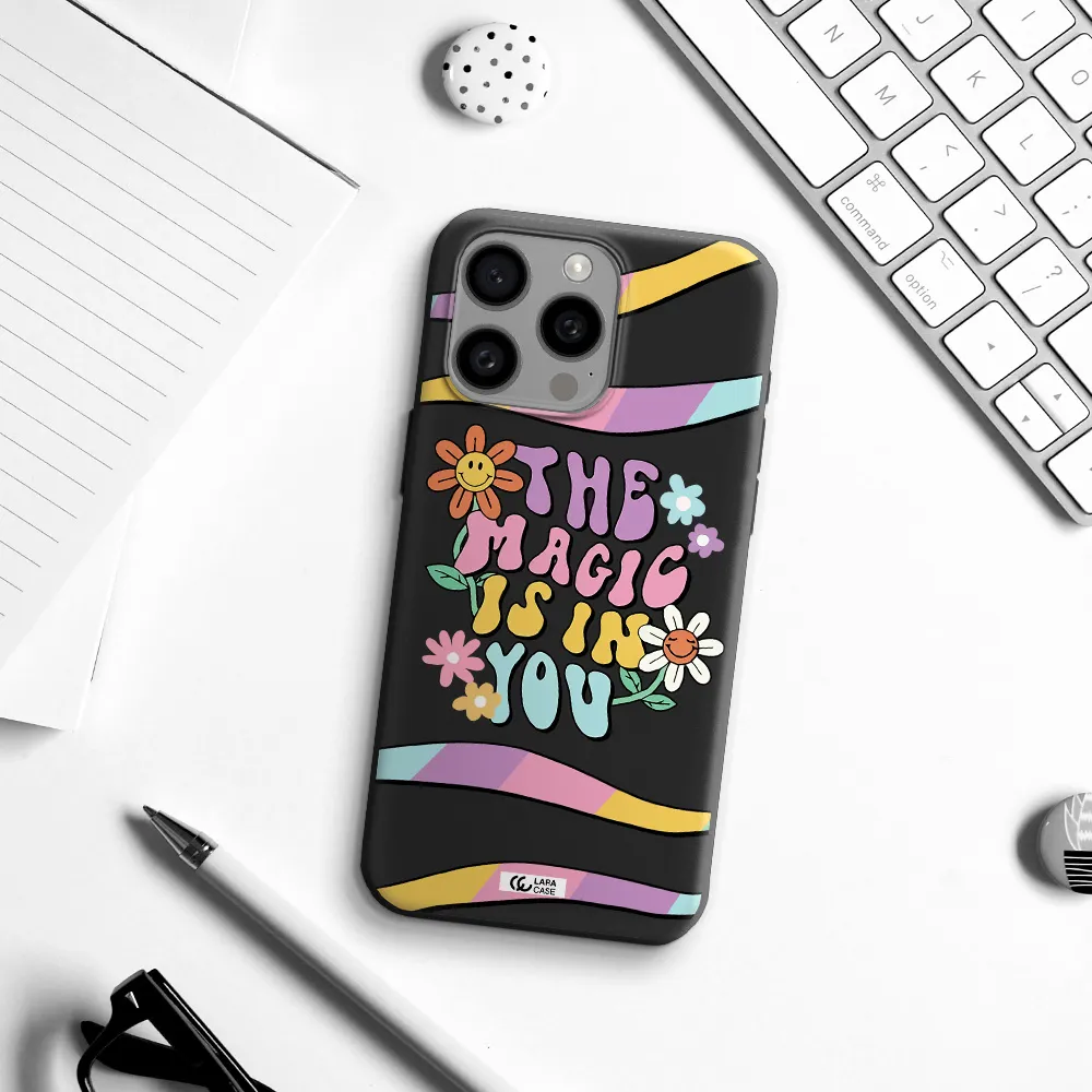 a cartoon text with flowers Apple Iphone 15 Pro max Silicone black Case