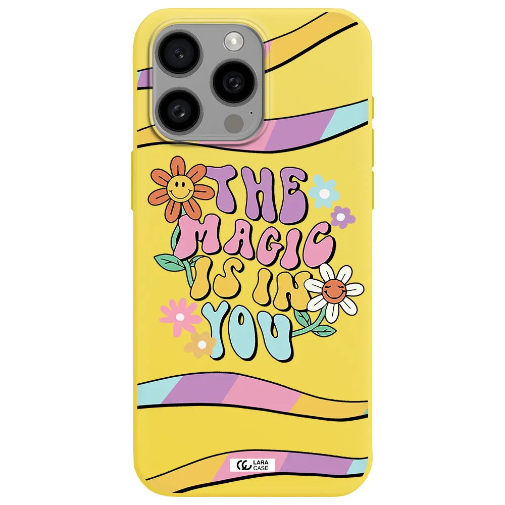 a cartoon text with flowers Apple Iphone 15 Pro max Silicone canary yellow Case