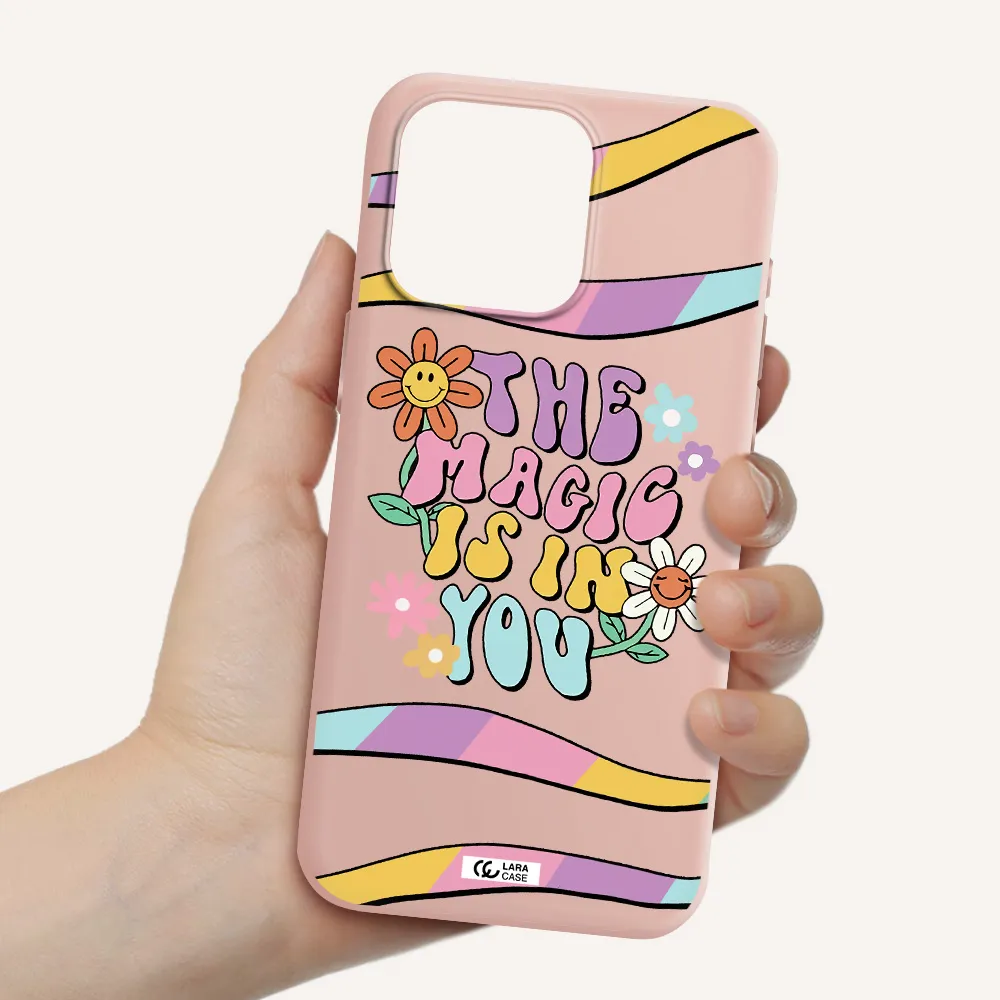 a cartoon text with flowers Apple Iphone 15 Pro max Silicone pastel pink Case