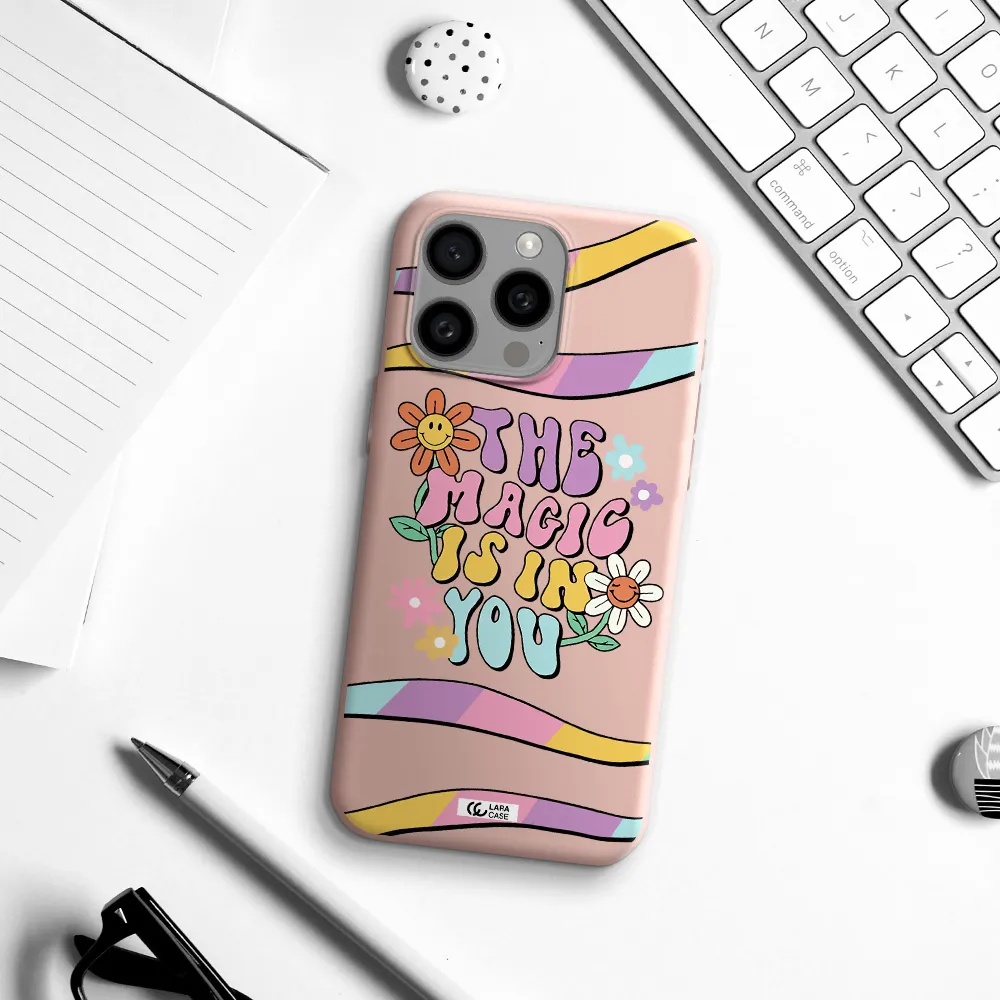 a cartoon text with flowers Apple Iphone 15 Pro max Silicone pastel pink Case