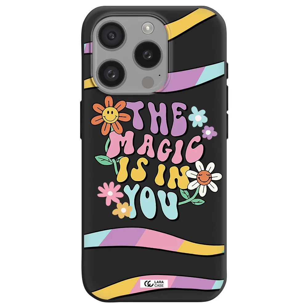 A Cartoon Text With Flowers Apple Iphone 15 Pro Silicone Black Case