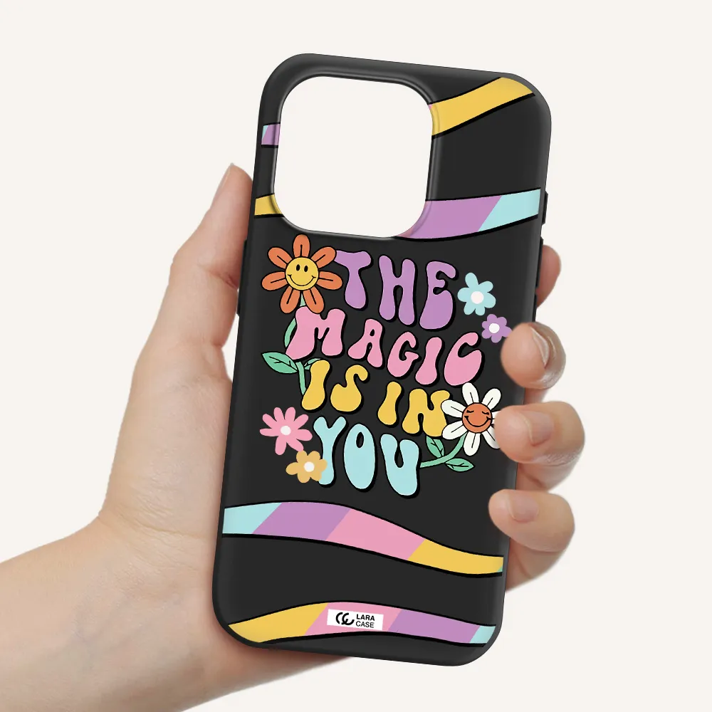 A Cartoon Text With Flowers Apple Iphone 15 Pro Silicone Black Case