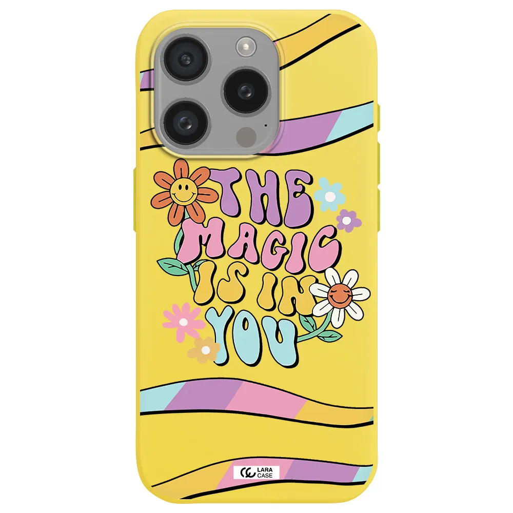 A Cartoon Text With Flowers Apple Iphone 15 Pro Silicone Canary Yellow Case