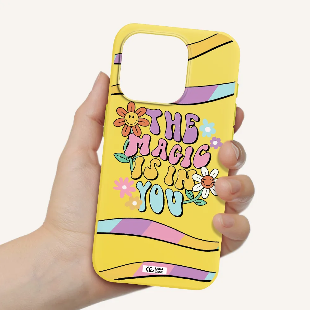 A Cartoon Text With Flowers Apple Iphone 15 Pro Silicone Canary Yellow Case