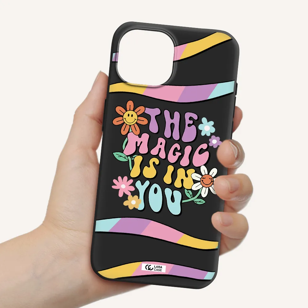 a cartoon text with flowers Apple iPhone 15 Silicone black Case