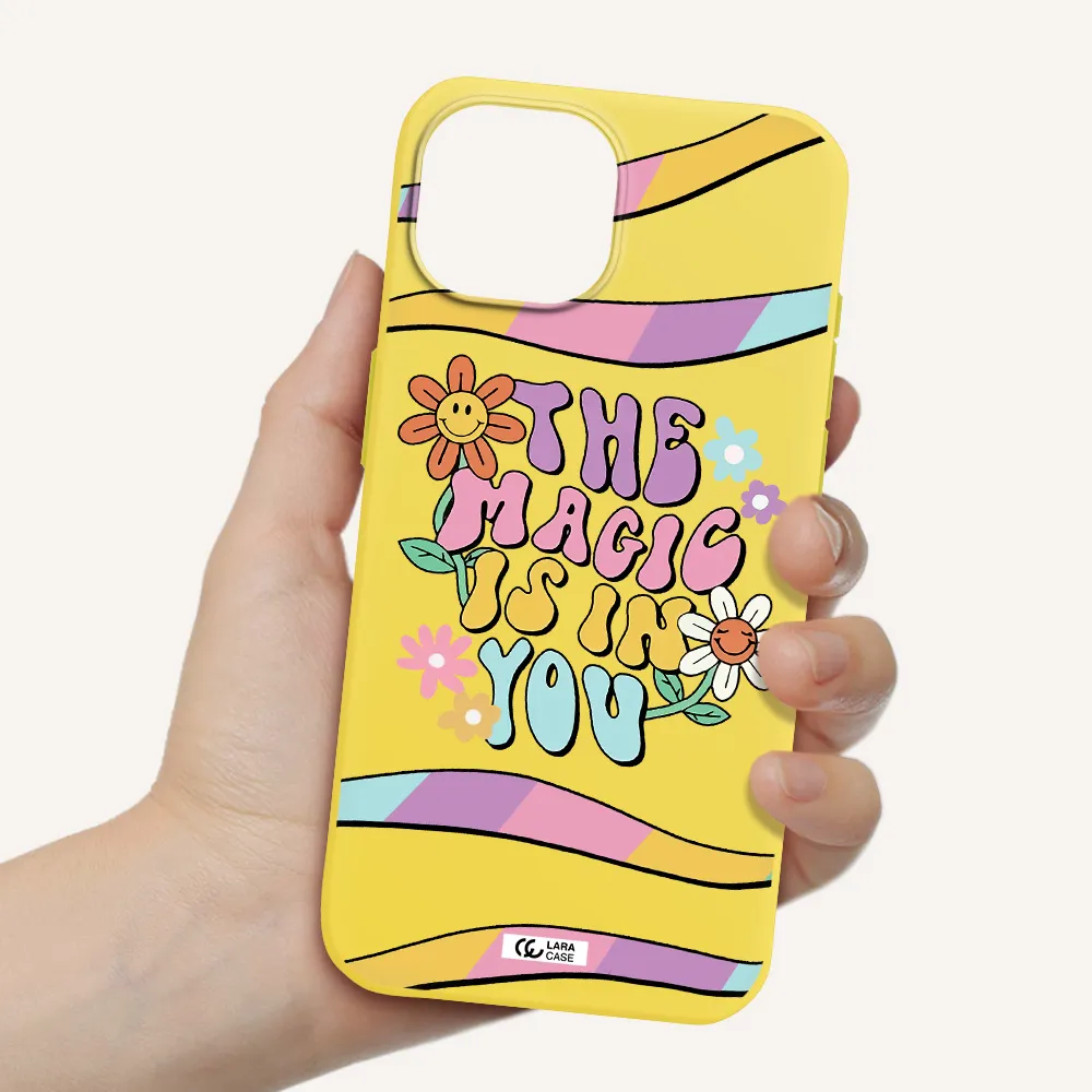 a cartoon text with flowers Apple iPhone 15 Silicone canary yellow Case