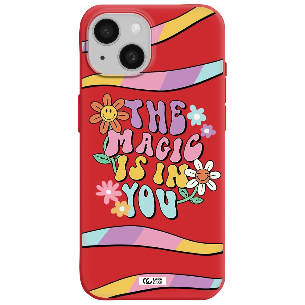 A Cartoon Text With Flowers Apple Iphone 15 Silicone Imperial Red Case