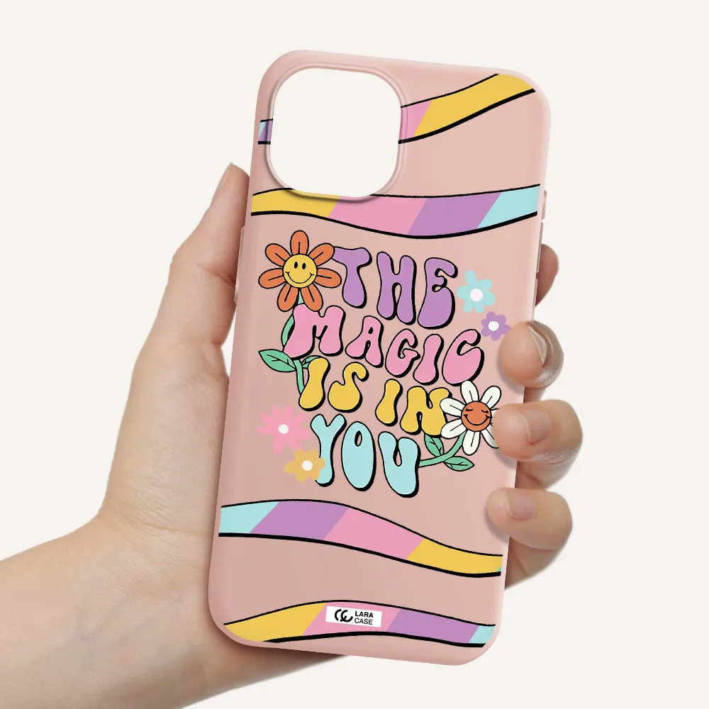 A Cartoon Text With Flowers Apple Iphone 15 Silicone Pastel Pink Case