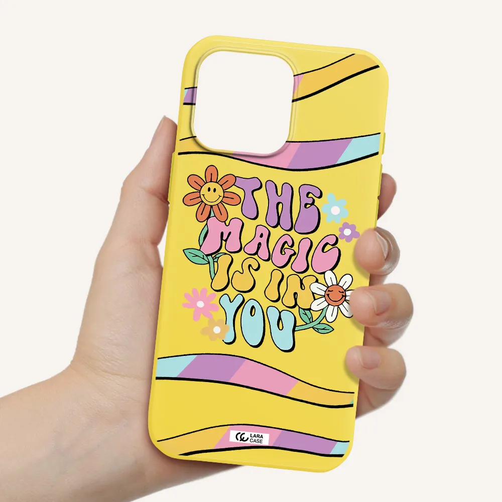 A Cartoon Text With Flowers Apple Iphone 16 Pro Max Silicone Canary Yellow Case