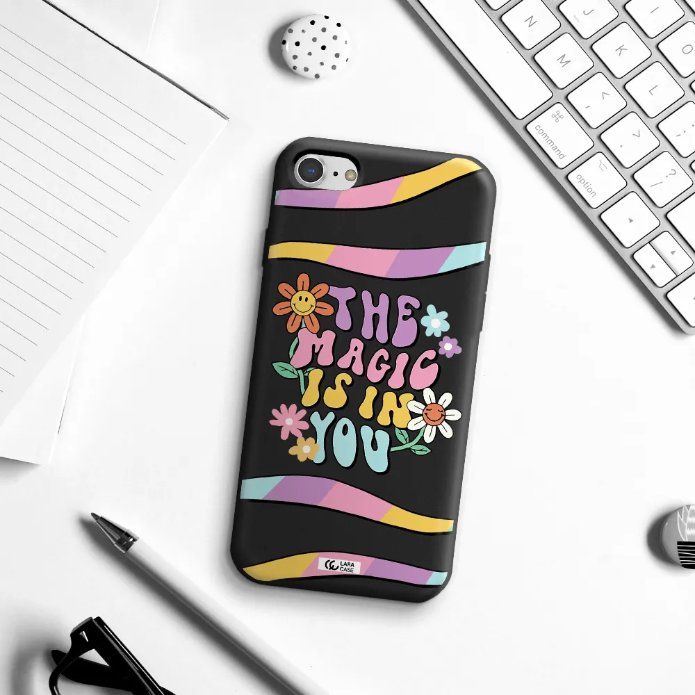 a cartoon text with flowers Apple iPhone 7 Silicone black Case