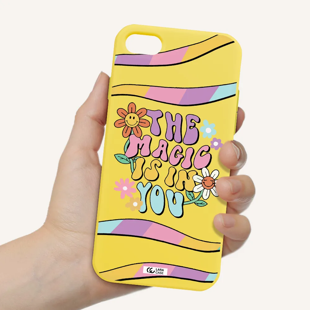 a cartoon text with flowers Apple iPhone 7 Silicone canary yellow Case