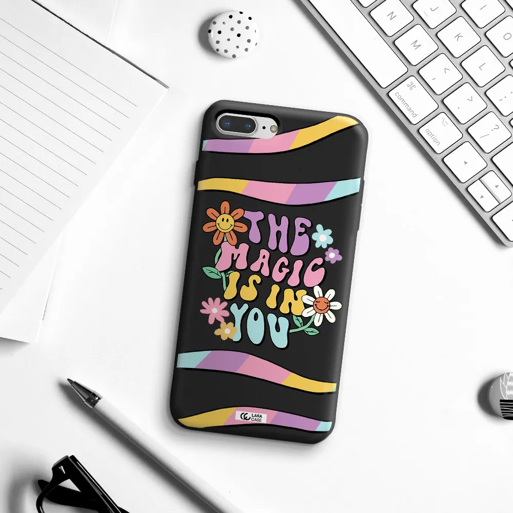 a cartoon text with flowers Apple iPhone 8 plus Silicone black Case