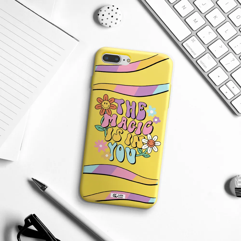 a cartoon text with flowers Apple iPhone 8 plus Silicone canary yellow Case