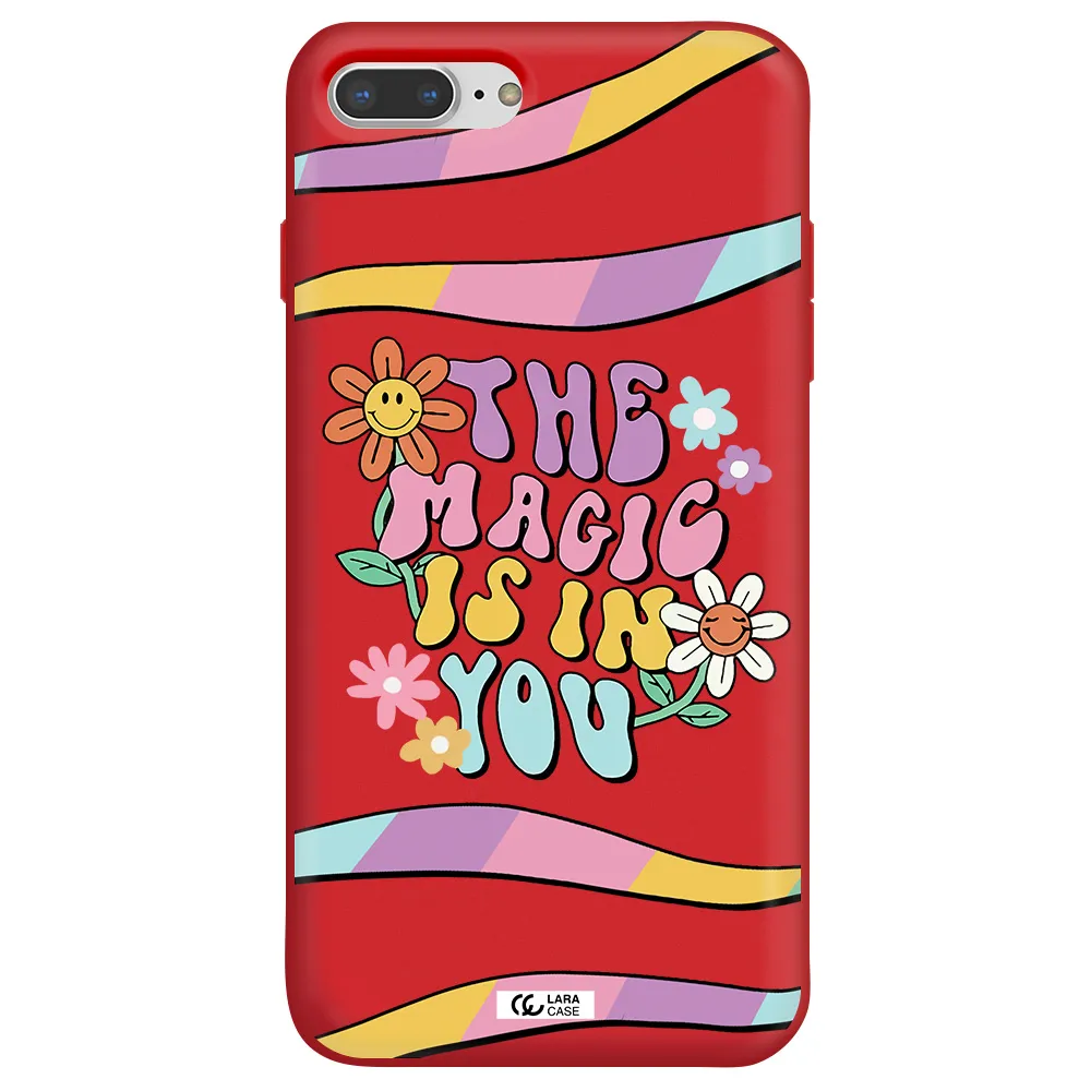 a cartoon text with flowers Apple iPhone 8 plus Silicone Imperial Red Case