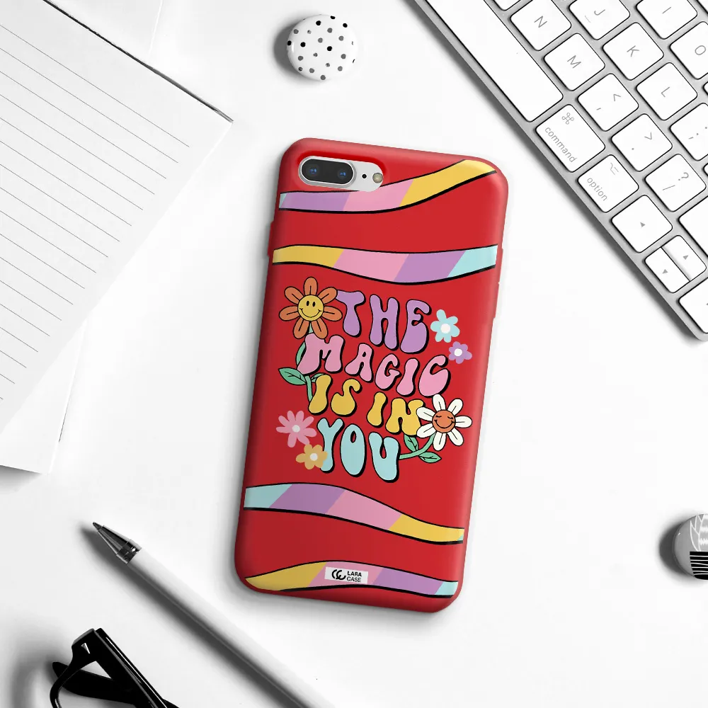 a cartoon text with flowers Apple iPhone 8 plus Silicone Imperial Red Case