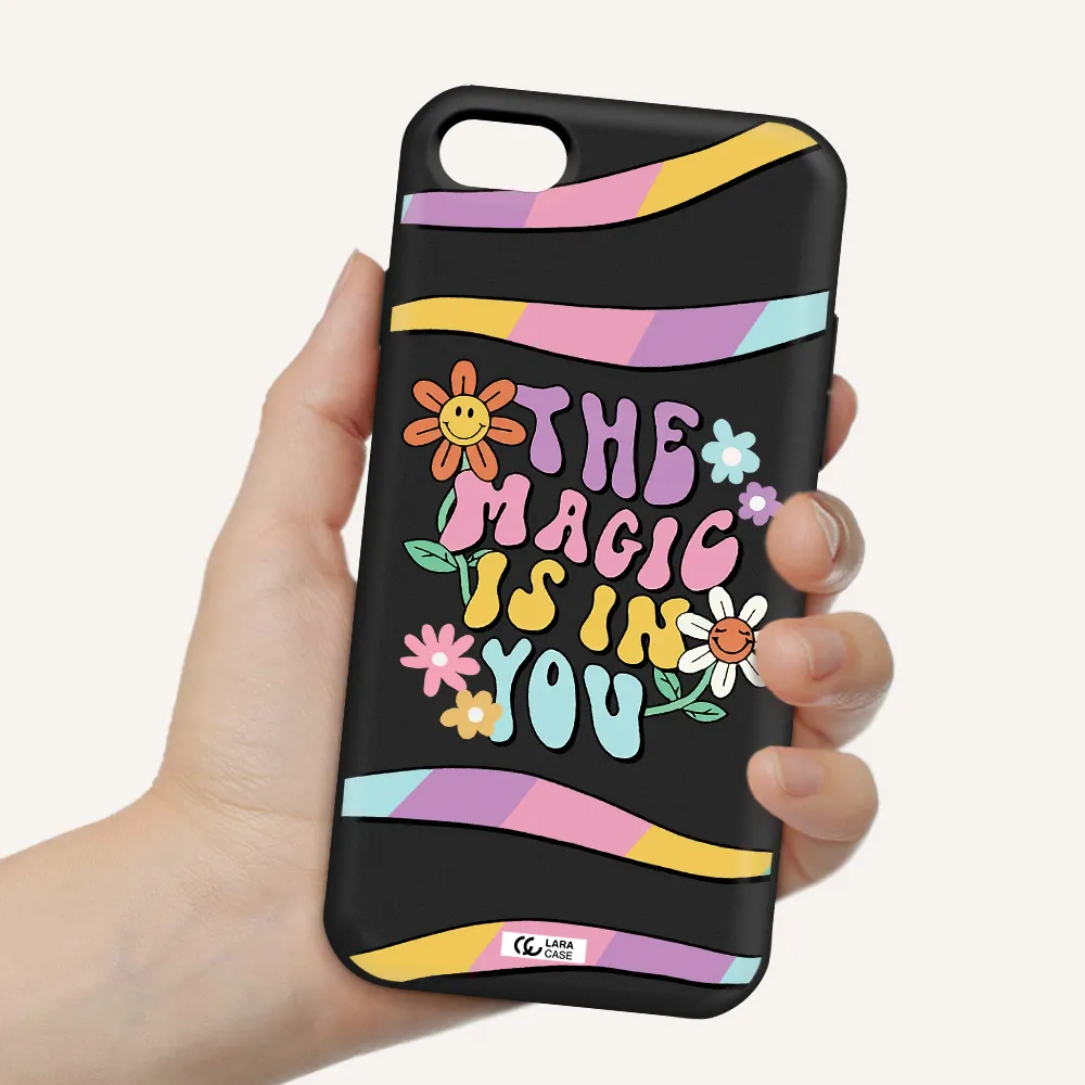 a cartoon text with flowers Apple iPhone 8 Silicone black Case