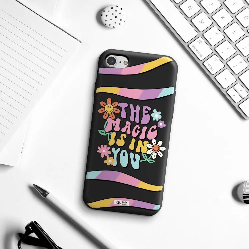 a cartoon text with flowers Apple iPhone 8 Silicone black Case
