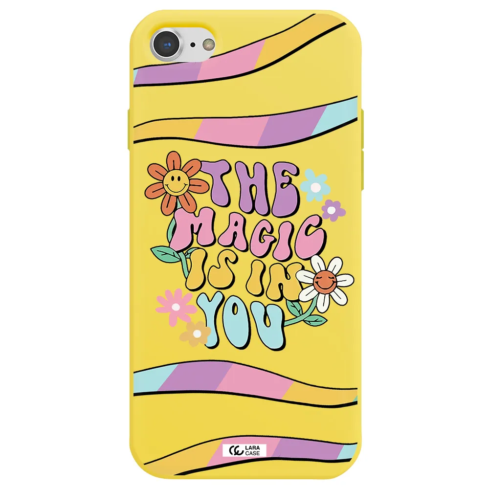 a cartoon text with flowers Apple iPhone 8 Silicone canary yellow Case
