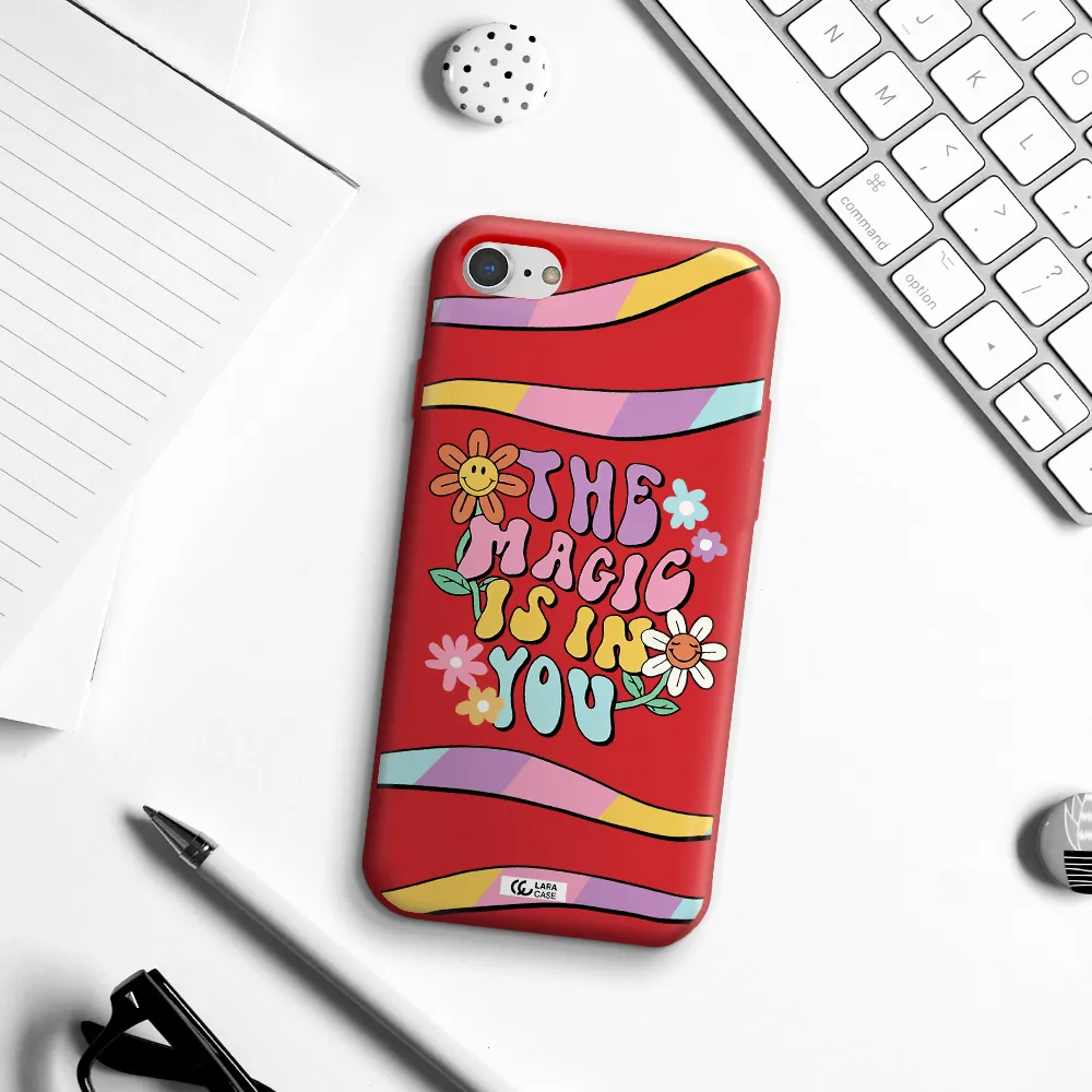 a cartoon text with flowers Apple iPhone 8 Silicone Imperial Red Case