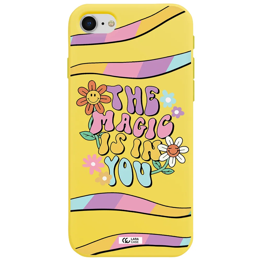 a cartoon text with flowers Apple iPhone se 2020 Silicone canary yellow Case