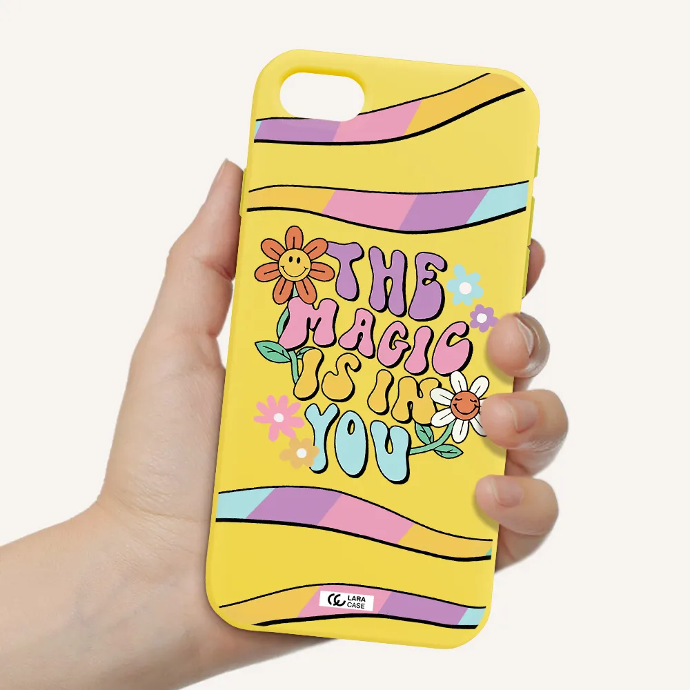 a cartoon text with flowers Apple iPhone se 2020 Silicone canary yellow Case